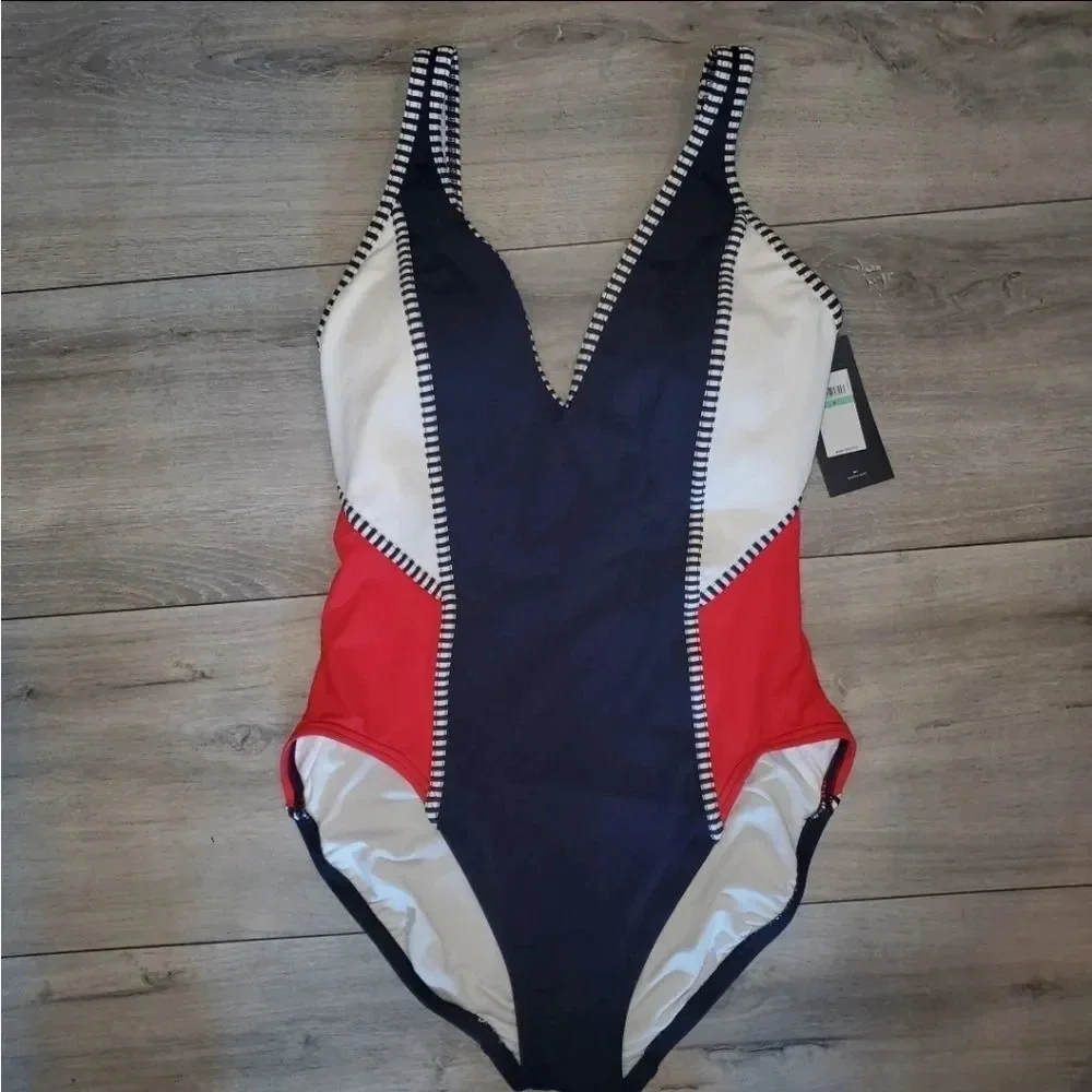 Tommy Hilfiger Womens Nomad Color Block V-Neck One Piece red navy white swimsuit
